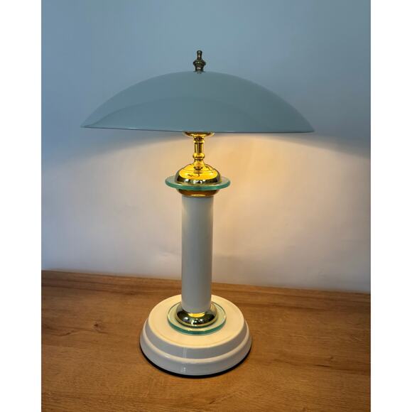 1980s Art Deco Revival Table Lamp White, Brass & Glass Accent - Picture 9 of 10